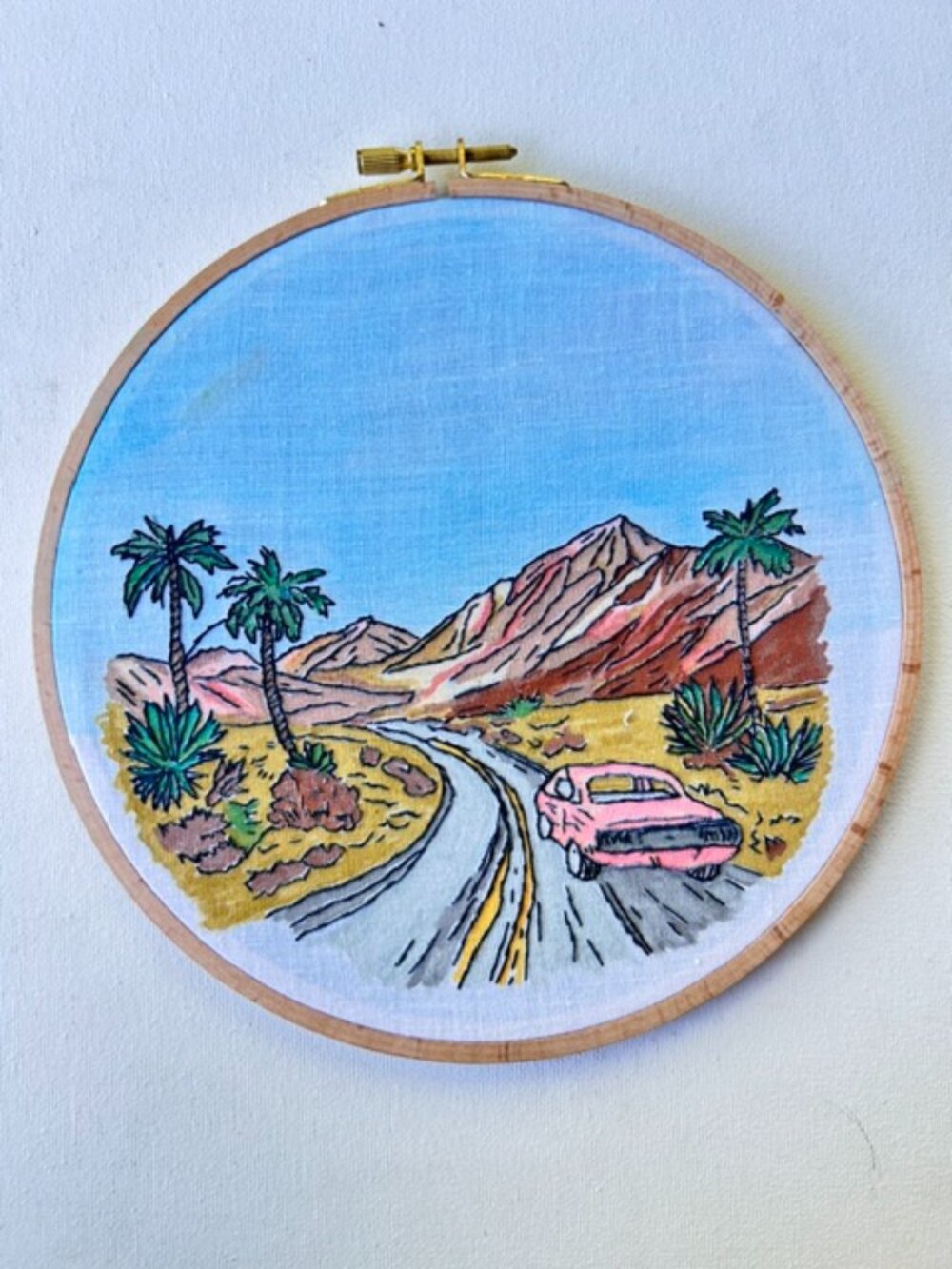 Hand Painted & Hand Embroidered Desert Road Wall Art | 8" Hoop | Southwest Lands